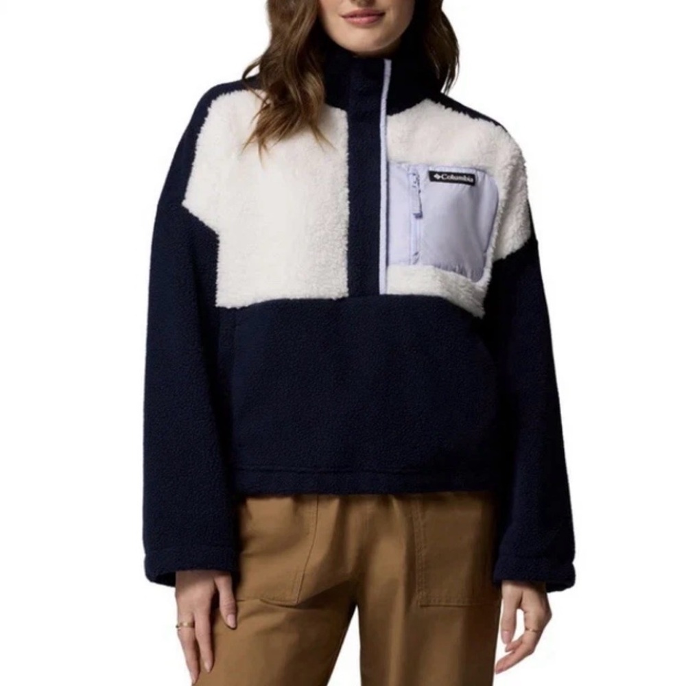 New Columbia Women’s Sherpa Fleece Jacket Pullover Dark Nocturnal Sea Salt Sz M